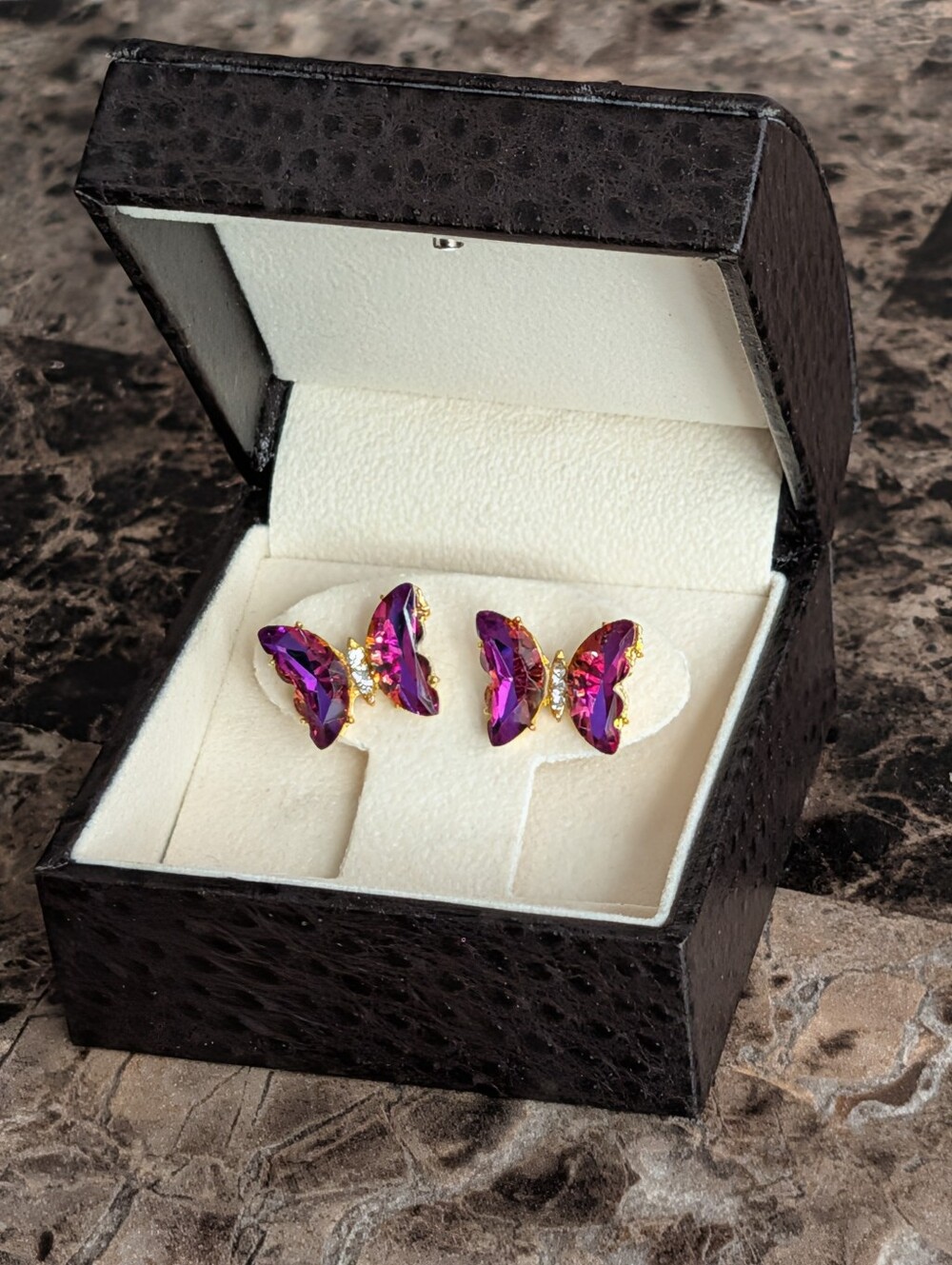 Gold-Tone Purple Crystal Butterfly Stud Earrings